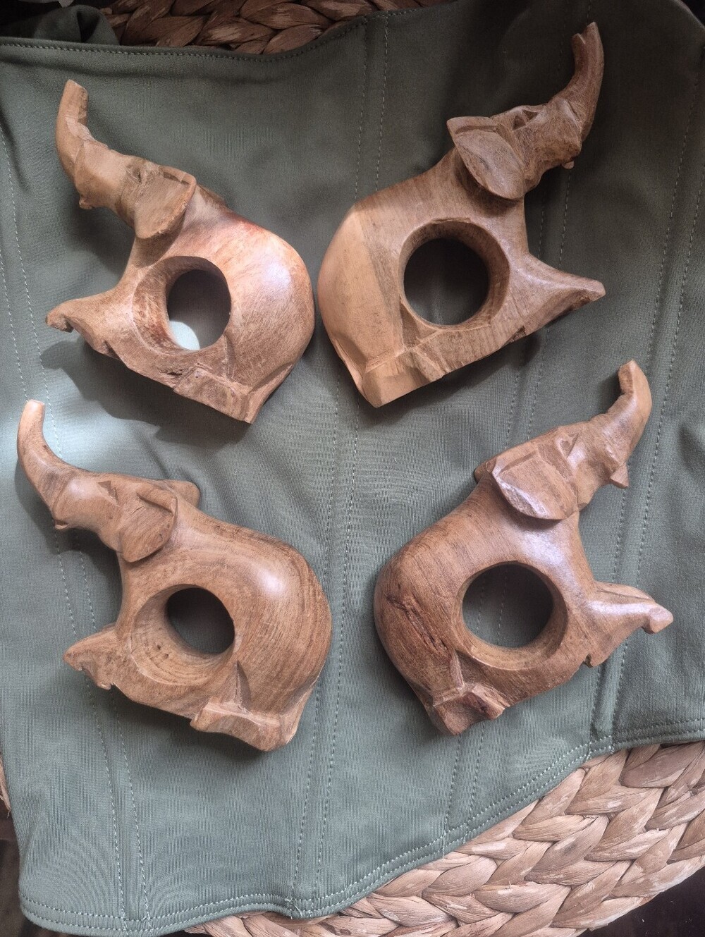 Vintage Kenyan Hand Carved Wooden Elephant Napkin Holders Set Of 4 Boho Decor